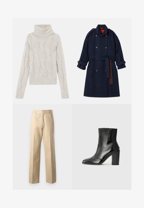 Navy wool trench coat with double-breasted button closure, belted waist, featuring large lapels and cuff tabs. Inner lining in red.; Light gray cable-knit sweater, featuring a high turtleneck, long sleeves, and a ribbed hem. Soft, textured fabric with a cozy appearance.; Beige tailored pants with a straight leg design, featuring a smooth texture, central front pleats, and a classic waistband.; Black leather ankle boot with a smooth texture, pointed toe, and a chunky high heel. Features a side opening and minimalistic design.
