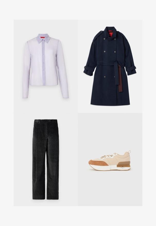 Jūrų karininkų vilnos paltas su dvigubu sagčių uždarymu, diržo juosta, dideliais apykaklėmis ir rankogalių sagtimis. Vidinė pamušalo dalis raudona.; Šviesiai purpurinė, ilgomis rankovėmis marškiniai, pagaminti iš permatomo audinio, su klasikiniais apykaklėmis, priekyje užsegami mygtukais ir subtiliu tekstūros paviršiumi.; Juodos, tekstūruotos plačios kelnės su išreikšta audimo struktūra, turinčios priekinę klostę ir plokščią juosmenį. Klasikinis dizainas, skirtas universalumui.; Batai sportiniai su smėlio spalvos audiniu viršuje, rusvai odiniais akcentais, balta vidurine dalimi ir guminiu padu su prekių ženklu.