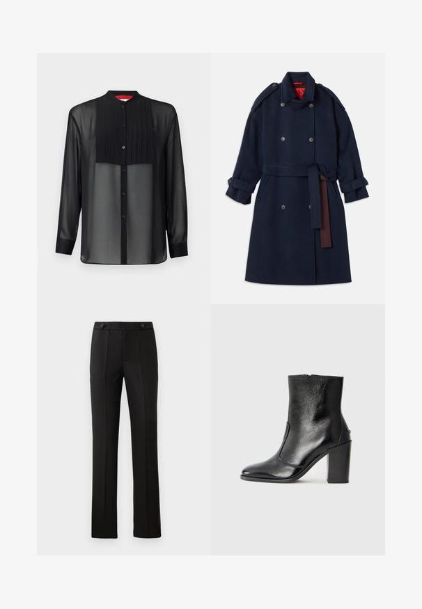 Navy wool trench coat with double-breasted button closure, belted waist, featuring large lapels and cuff tabs. Inner lining in red.; Black long-sleeve shirt with a sheer fabric and a pleated front panel. Features a mandarin collar and button closure along the front.; Black tailored trousers with a straight leg, two front pockets, a button closure, and pleat detailing on the front. Smooth fabric texture.; Black leather ankle boot with a smooth texture, pointed toe, and a chunky high heel. Features a side opening and minimalistic design.