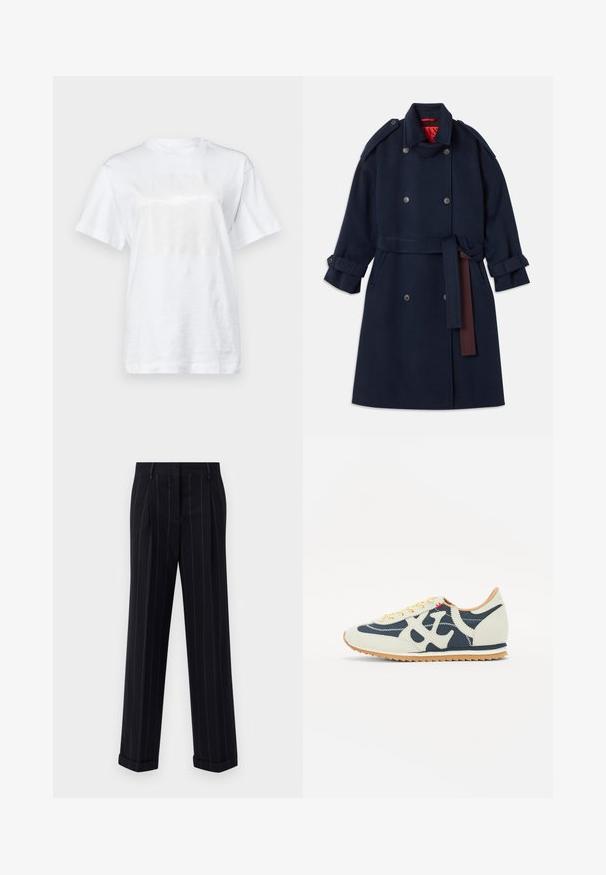 Navy wool trench coat with double-breasted button closure, belted waist, featuring large lapels and cuff tabs. Inner lining in red.; MAX&Co. TEE - Print T-shirt - weiss; Black pinstriped trousers with a tailored fit, featuring a cuffed hem and front pleats. Made of smooth fabric with a structured design.; Sneaker featuring a mix of cream, navy, and suede materials, lace-up design, diagonal stitching, and a rubber sole with traction.