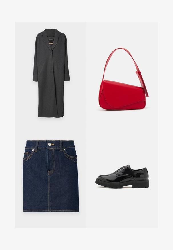 Casaco longo cinza feito de uma mistura de lã, com gola com recortes, duas bolsos frontais e mangas arregaçadas. Textura suave e design ajustado.; Camisa branca de algodão com botões e mangas compridas, feita de tecido com uma ligeira textura. Apresenta um bolso frontal com um pequeno logótipo bordado e uma gola clássica.; Saia de ganga azul-escura com costuras visíveis, design de cinco bolsos e fecho frontal com botão. Corte direto com uma bainha limpa.; Sapatos de verniz preto com bico redondo, sola de borracha texturizada e seis ilhós de metal para os atacadores, apresentando um acabamento de superfície suave.; Bolsa de mão em couro vermelho com um design angular e geométrico. Apresenta uma única alça ajustável e um fecho com aba, com detalhes cosidos.