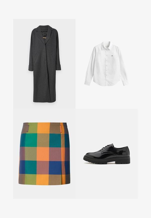 Langer grauer Mantel aus Wollmischung, mit Reverskragen, zwei vorderen Taschen und hochgekrempelten Ärmeln. Glatte Textur und maßgeschneiderter Schnitt.; Weißes langärmeliges Hemd mit Knopfleiste, gefertigt aus leicht strukturierter Stoffqualität. Es verfügt über eine Brusttasche mit einem kleinen, gestickten Logo und einen klassischen Kragen.; Bunt gemusterter Rock mit einem kräftigen Karomuster aus orangefarbenen, grünen, blauen und braunen Quadraten. Entworfen mit einem geraden Schnitt und seitlichen Akzenten.; Schwarze Lacklederschuhe mit abgerundetem Zeh, strukturiertem Gummisohle und sechs Metallösen für die Schnürsenkel, ausgestattet mit einer glatten Oberflächenveredelung.