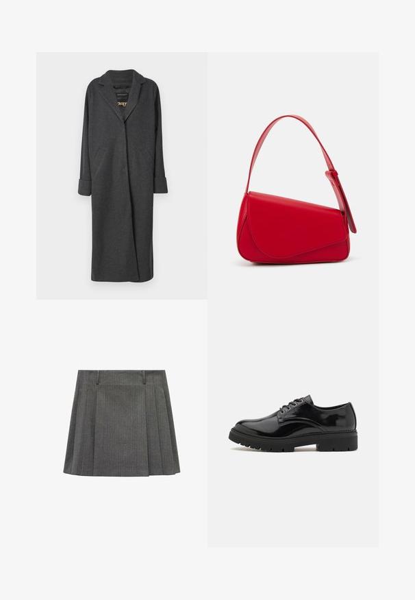 Lungo cappotto grigio realizzato in misto lana, con colletto a revers, due tasche frontali e maniche arrotolate. Texture liscia e design sartoriale.; Camicia bianca a maniche lunghe con bottoni, realizzata in tessuto con una leggera texture. Presenta una tasca frontale con un piccolo logo ricamato e un colletto classico.; Gonna grigia a pieghe realizzata in tessuto testurizzato, con strisce verticali, una vita con passanti per cintura e una silhouette a campana.; Scarpe in vernice nera con punta rotonda, suola in gomma testurizzata e sei occhielli metallici per lacci, con una finitura superficiale liscia.; Borsa a tracolla in pelle rossa con un design angolare e geometrico. Presenta una singola tracolla regolabile e una chiusura a patta con dettagli cuciti.