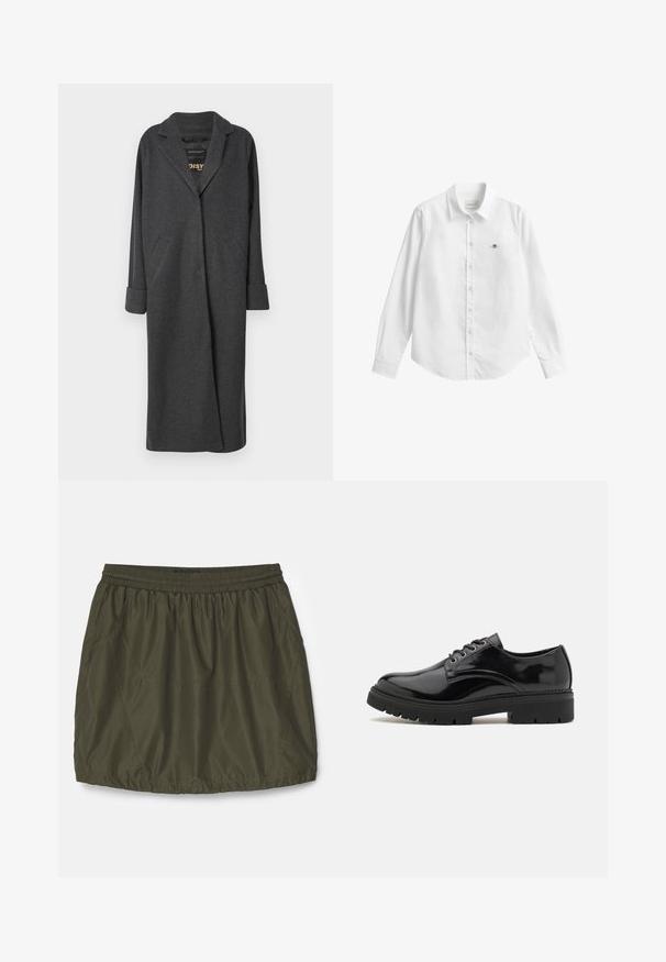 Lång grå kappa i ullblandning med slagkrage, två framfickor och uppvikta ärmar. Slät textur och skräddarsydd design.; Vit skjorta med långa ärmar och knappar, tillverkad av tyg med en lätt struktur. Har en bröstficka med en liten broderad logotyp och en klassisk krage.; Olivgrön, lättviktskjol med elastisk midja, rynkad struktur, sidofickor och sömdetaljer.; Svarta lackskor med rund tå, texturerad gummisula och sex metallöglor för snörning, med en slät yta.