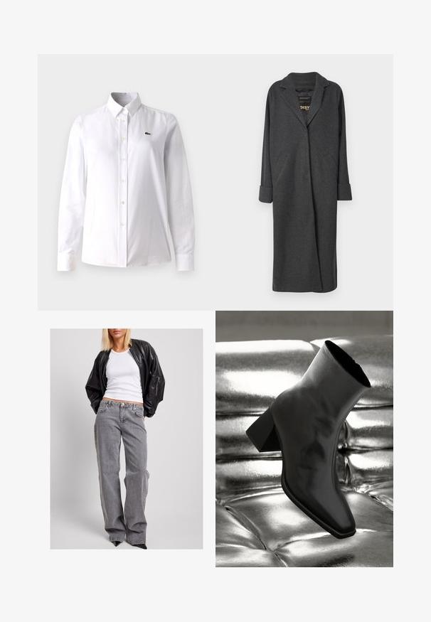 Ilgas pilkas paltas, pagamintas iš vilnos mišinio, su įpjovimu ant apykaklės, dviem priekinėmis kišenėmis ir neatly rolled up sleeves. Lygi tekstūra ir pritaikytas dizainas.; Balta marškiniai su mygtukais, pagaminti iš medvilnės, su klasikine apykakle, ilgomis rankovėmis ir mažu žaliu logotipu kairėje krūtinės pusėje.; Juodas odinis bomber stiliaus švarkas, baltas raštuotas marškinėlis, ir pilkos džinsinės kelnės su aukštu liemeniu, laisvu kirpimu, subtiliomis siūlėmis ir akcentinėmis kišenėmis.; Juodos kulkšnies botai, pagaminti iš blizgaus medžiagos, su kvadratine padu ir siauru kulnu, prieš blizgiai sidabrinį pūsto audinio foną.