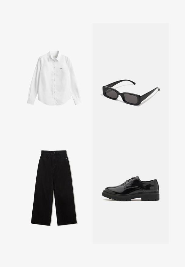 Long gray coat made of wool blend, featuring a notched collar, two front pockets, and rolled-up sleeves. Smooth texture and tailored design.; White long-sleeve button-up shirt made of fabric with a slight texture. Features a front pocket with a small embroidered logo and a classic collar.; Black, wide-leg jeans made of denim with a high waist, featuring a five-pocket design and a single button closure at the front.; Black patent leather shoes with rounded toe, textured rubber sole, and six metal eyelets for laces, featuring a smooth surface finish.; Black rectangular sunglasses with dark lenses, glossy finish, wide arms, and a chunky frame design. Engraved brand name on one arm.