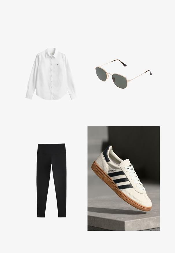 Dlouhý šedý kabát vyrobený z vlněné směsi, s vybaveným límcem, dvěma předními kapsami a ohrnutými rukávy. Hladká textura a upravený design.; Bílá košile s dlouhým rukávem na knoflíky, vyrobená z látky s jemnou texturou. Má přední kapsu s malým vyšívaným logem a klasický límec.; Černé legíny vyrobené z pružného materiálu, s vysokým pasem a hladkou texturou, navržené pro pohodlí a flexibilitu.; Bílé semišové tenisky s námořnickými pruhy, gumovou podrážkou, texturovaným svrškem, kulatou špičkou a šněrováním; obsahují branding na boku a na jazyku.; Sluneční brýle s kovovým zlatým rámem a tmavě zelenými skly, styl aviatorek, s úzkými obroučkami a želvovinovými akcenty na špičkách.