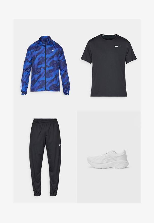 Blauwe gewatteerde ritsjack met hoge kraag, voorzien van een mesh-ontwerp, elastische manchetten en reflecterende accenten op de mouwen.; Zwarte Nike hardloop T-shirt gemaakt van lichtgewicht, ademend materiaal, met korte mouwen en een klein wit logo op de borst.; Zwarte sportbroeken met een elastische tailleband, taps toelopende pijpen en een klein wit Nike-logo op de linker bovenbeen. Glad stof, zonder patronen.; Witte sportschoen met een gestructureerde mesh bovenkant, innovatieve demping, een gebogen zool en een trekhaak aan de hiel voor gemakkelijk aan- en uittrekken.