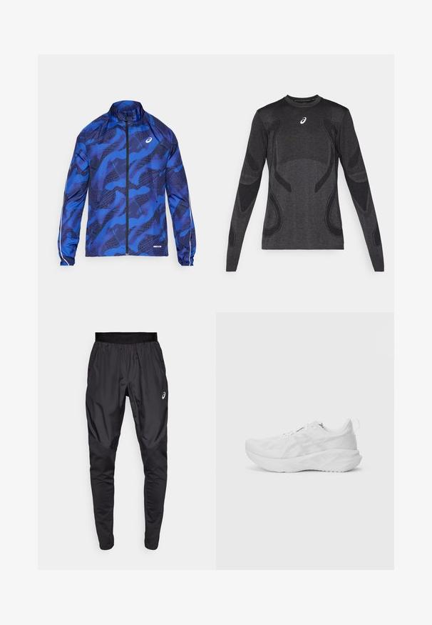Blå mönstrad zip-jacka med hög krage, utrustad med nätdesign, elastiska ärmslut och reflexdetaljer på ärmarna.; Långärmad sporttopp i mörkgrått, med strukturerade designdetaljer i ljusgrått. Rundad halsringning med logotyp på bröstet.; Svarta träningbyxor med elastisk midja, sidofickor och kontrasterande texturpaneler på benen. Asics-logga på höften.; Vit idrottssko med en texturerad meshöverdel, innovativ dämpning, en böjd sula och en dragflik vid hälen för enkel på- och avtagning.