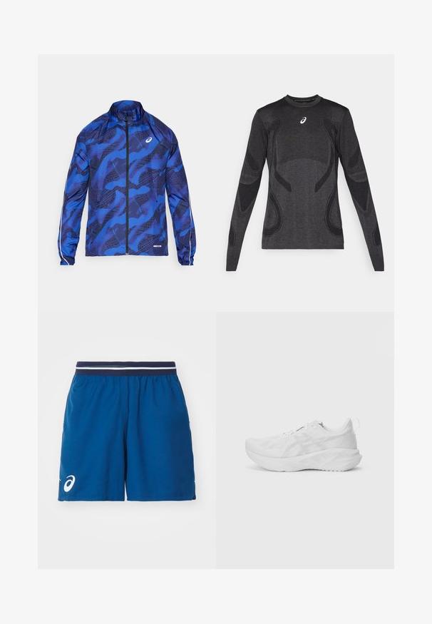 Mėlynas raštuotas užtrauktukas su aukštu apykakle, turintis tinklelio dizainą, elastingas rankogalius ir atspindinčius akcentus ant rankovių.; Ilgaespalvi atletinio stiliaus marškinėliai tamsiai pilkos spalvos, su tekstūruotais dizaino akcentais šviesiai pilkoje spalvoje. Apvalus iškirpimas ir logotipas ant krūtinės.; ASICS MATCH SHORT - Sportiniai šortai - mako blue; Balti sportiniai bateliai su tekstūruota tinkline viršutine dalimi, novatoriška amortizacija, kreiva padas ir kilpos užkulniui, kad būtų lengviau užsidėti.