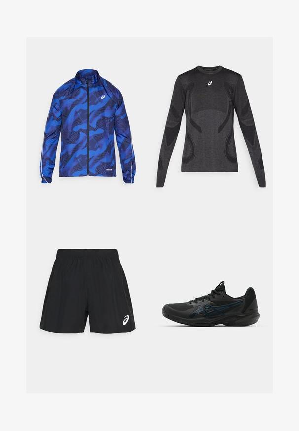 Blau gemusterte Zip-Jacke mit hohem Kragen, ausgestattet mit einem Netzdesign, elastischen Bündchen und reflektierenden Akzenten an den Ärmeln.; Langärmliges Sportoberteil in Dunkelgrau mit strukturierten Designelementen in Hellgrau. Rundhalsausschnitt mit Logo auf der Brust.; ASICS CORE SHORT - Kurze Sporthose - performance black/graphite grey; ASICS SOLUTION SPEED FF 3 CLAY - Tennisschuh für Sandplätze - black/prism blue
