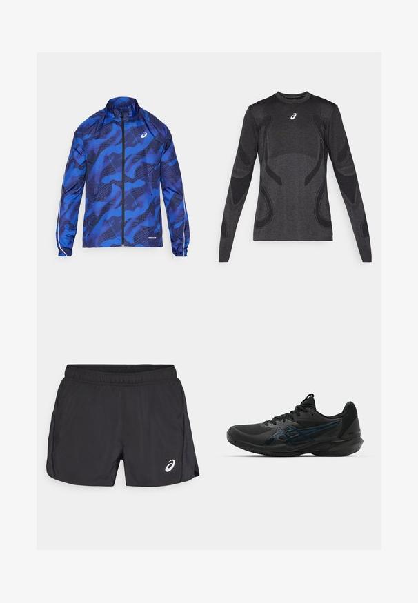 Blauwe gewatteerde ritsjack met hoge kraag, voorzien van een mesh-ontwerp, elastische manchetten en reflecterende accenten op de mouwen.; Langarm atletisch T-shirt in donkergrijs, met textuuraccenten in lichter grijs. Ronde halslijn met logo op de borst.; Zwarte sportshorts met een elastische tailleband, voorzien van een zijsplit en een wit logo op de rechteronderkant. Lichtgewicht, gladde textuur.; ASICS SOLUTION SPEED FF 3 CLAY - Tennisschoenen voor kleibanen - black/prism blue