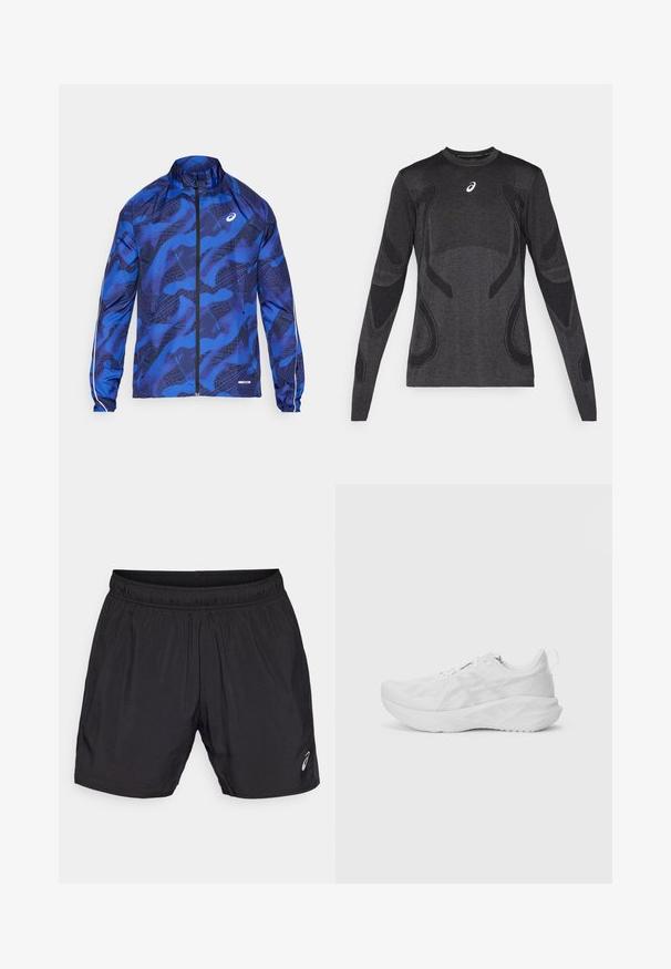 Giacca blu con zip e motivo a fantasia, dotata di un colletto alto, design in rete, polsini elasticizzati e dettagli riflettenti sulle maniche.; Maglia sportiva a maniche lunghe in grigio scuro, con dettagli di design testurizzati in un grigio più chiaro. Collo a giro con logo sul petto.; Pantaloni sportivi neri realizzati in materiale leggero, con una vita elastica e un piccolo logo sul lato sinistro inferiore.; Scarpa sportiva bianca con tomaia in mesh testurizzato, imbottitura innovativa, suola curvata e linguetta sul tallone per facilitarne l'indossamento.