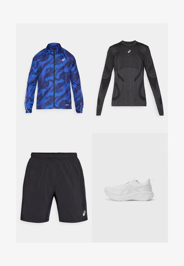 Sinine mustriga tõmblukujope kõrge kraega, millel on võrgust disain, elastsed mansetid ja reflekteerivad aktsendid varrukatel.; Tumehallide pika varrukaga spordisärgid, millel on heleda halli tooni tekstuurilised detailid. Ümmargune kaelus ja logo rinnal.; Mustad mustad lühikesed püksid elastse vöökoha ja siledaga. Kõrval alumises paremas nurgas on logo. Pükste pikkus ulatub põlvedeni.; Valge sportlik jalats tekstureeritud võrkiu ja innovaatilise pehmendusega, kaardus tallaga ning kandmisel mugavuse nimel tõmbeosa kande peal.