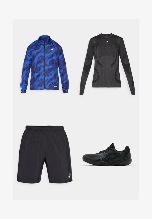 Modrá vzorovaná zipová bunda s vysokým límcem, s designem z jemné síťoviny, elastickými manžetami a reflexními prvky na rukávech.; Dlouhý rukáv sportovní top v tmavě šedé barvě, s texturovanými designovými akcenty v světle šedé. Kulatý výstřih s logem na hrudi.; Černé sportovní šortky s elastickým pasem. Hladká textura a logo na pravém dolním předním díle. Délka po kolena.; ASICS SOLUTION SPEED FF 3 CLAY - Tenisové boty na antuku - black/prism blue