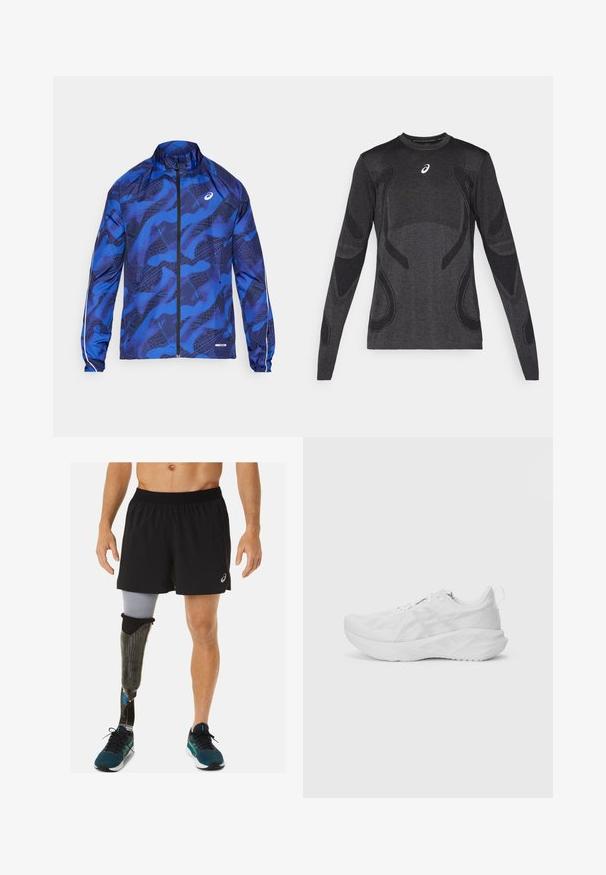 Sinine mustriga tõmblukujope kõrge kraega, millel on võrgust disain, elastsed mansetid ja reflekteerivad aktsendid varrukatel.; Tumehallide pika varrukaga spordisärgid, millel on heleda halli tooni tekstuurilised detailid. Ümmargune kaelus ja logo rinnal.; Mustad mustad lühikesed püksid, mida kannab inimene, kellel on süsinikkiust disainiga ja siniste aktsentidega proteesjalg, koos teal'roheliste jooksujalatsitega.; Valge sportlik jalats tekstureeritud võrkiu ja innovaatilise pehmendusega, kaardus tallaga ning kandmisel mugavuse nimel tõmbeosa kande peal.