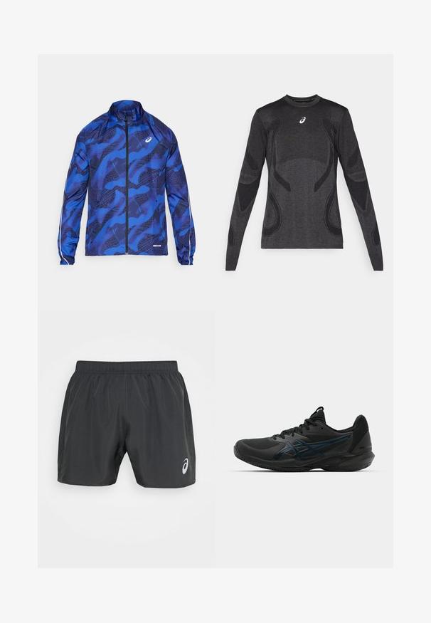 Veste zippée bleue à motif avec un col montant, présentant un design en maille, des poignets élastiques et des accents réfléchissants sur les manches.; Haut de sport à manches longues en gris foncé, avec des accents de design texturé en gris clair. Encolure ronde avec logo sur la poitrine.; ASICS CORE SHORT - Short de sport - graphite grey; ASICS SOLUTION SPEED FF 3 CLAY - Chaussures de tennis pour terre-battueerre battue - black/prism blue