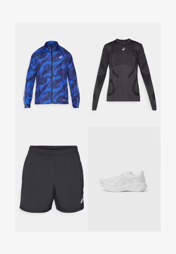 Modra jakna z vzorcem in zadrgo ter visokim ovratnikom, ki vključuje mrežni dizajn, elastične manšete in odsevne poudarke na rokavih.; Dolge roke športna majica v temno sivi barvi, z teksturiranimi oblikovalskimi poudarki v svetlejši sivi. Okrogla izreza z logotipom na prsih.; Črne športne kratke hlače iz lahkega materiala. Imajo elastičen pas in logotip na spodnji desni strani.; Bela atletska čevlja z zgornjim delom iz teksturirane mreže, inovativno blaženje, ukrivljenim podplatom in zanko na peti za lažje obuvanje.