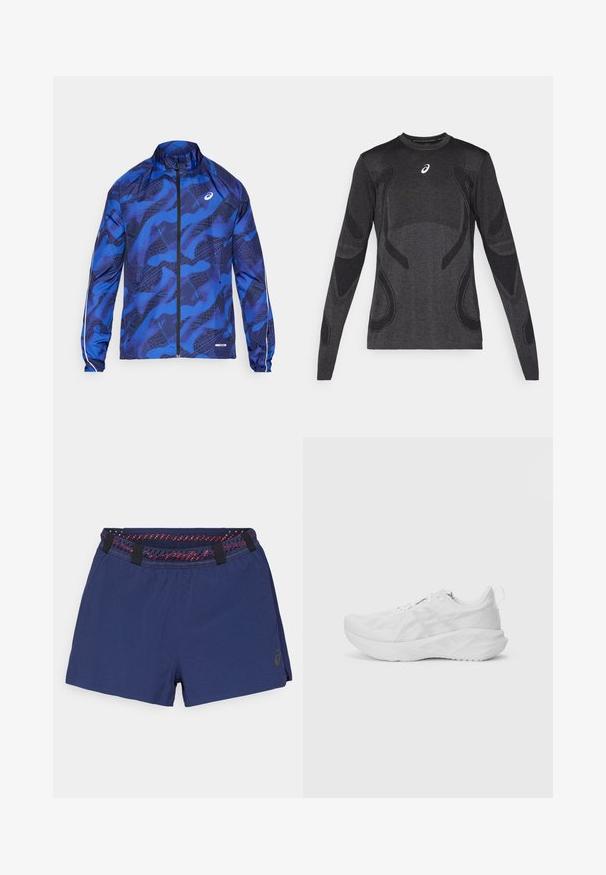 Blå mönstrad zip-jacka med hög krage, utrustad med nätdesign, elastiska ärmslut och reflexdetaljer på ärmarna.; Långärmad sporttopp i mörkgrått, med strukturerade designdetaljer i ljusgrått. Rundad halsringning med logotyp på bröstet.; Marinblå shorts med en texturerad tyg, kontrasterande midjeband i röd och svart mönster, samt sidoklyv för flexibilitet.; Vit idrottssko med en texturerad meshöverdel, innovativ dämpning, en böjd sula och en dragflik vid hälen för enkel på- och avtagning.