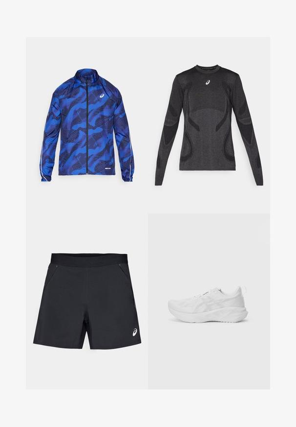 Kék mintás, magas galléros zipzáros dzseki, hálós dizájnal, rugalmas mandzsettákkal és fényvisszaverő díszítéssel az ujjakon.; Hosszú ujjú sportos felső sötétszürkében, világosabb szürke textúrált díszítésekkel. Kerek nyakkivágás, a mellrészen logóval.; Fekete sportnadrág könnyű anyagból, sima textúrával, elasztikus derekkal és két oldalsó zsebbel. Logó az alsó jobb oldalon.; Fehér sportcipő texturált hálós felsővel, innovatív párnázottsággal, ívelt talppal és hátsó húzófüllel a könnyű felhúzhatóság érdekében.