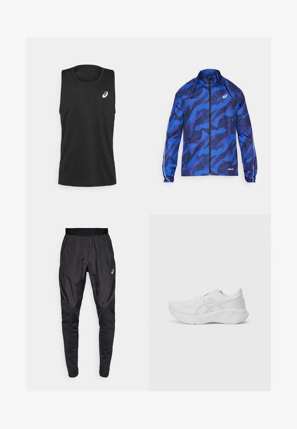 Blue patterned zip jacket with a high collar, featuring a mesh design, elasticized cuffs, and reflective accents on the sleeves.; ASICS CORE SINGLET - Top - performance black; Black athletic pants with a stretchy waistband, side pockets, and contrasting texture panels on the legs. Asics logo on the hip.; White athletic shoe with a textured mesh upper, innovative cushioning, a curved sole, and a pull tab at the heel for ease of wear.