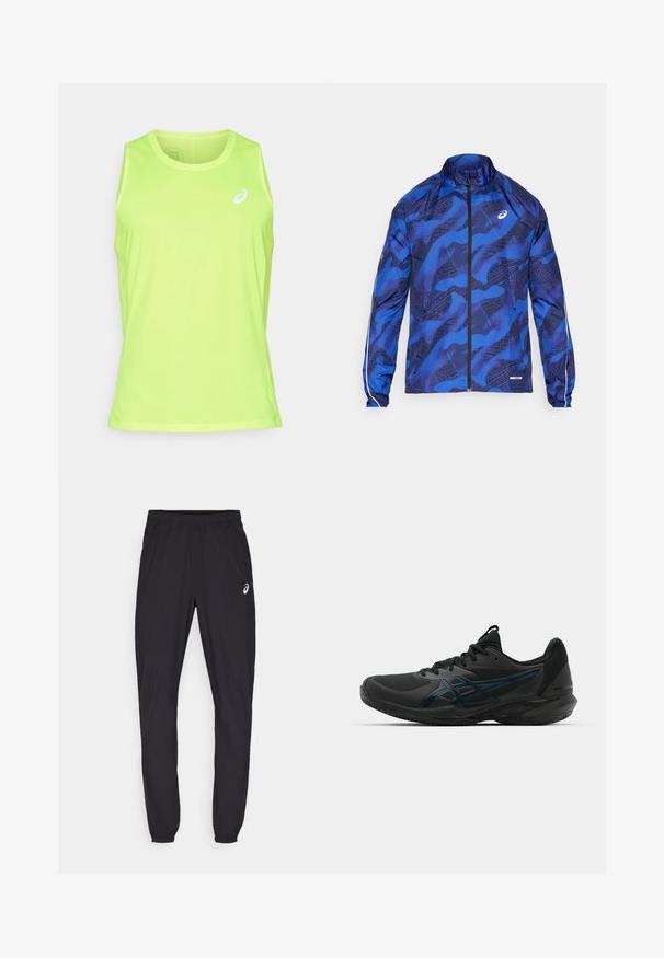 Chaqueta azul con patrón, tipo zip, con un alto cuello, que presenta un diseño de malla, puños elásticos y acentos reflectantes en las mangas.; ASICS CORE SINGLET - Top - safety yellow; Pantalones deportivos negros con cintura elástica y puños ajustados. Presenta un sutil acento de logo en el muslo izquierdo. Tejido ligero y suave.; ASICS SOLUTION SPEED FF 3 CLAY - Zapatillas de tenis para tierra batida - black/prism blue