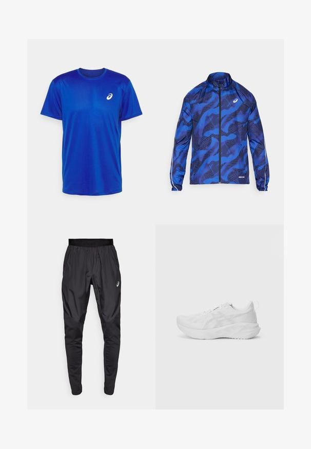 Blue patterned zip jacket with a high collar, featuring a mesh design, elasticized cuffs, and reflective accents on the sleeves.; ASICS CORE TOP - Sports T-shirt - blue; Black athletic pants with a stretchy waistband, side pockets, and contrasting texture panels on the legs. Asics logo on the hip.; White athletic shoe with a textured mesh upper, innovative cushioning, a curved sole, and a pull tab at the heel for ease of wear.