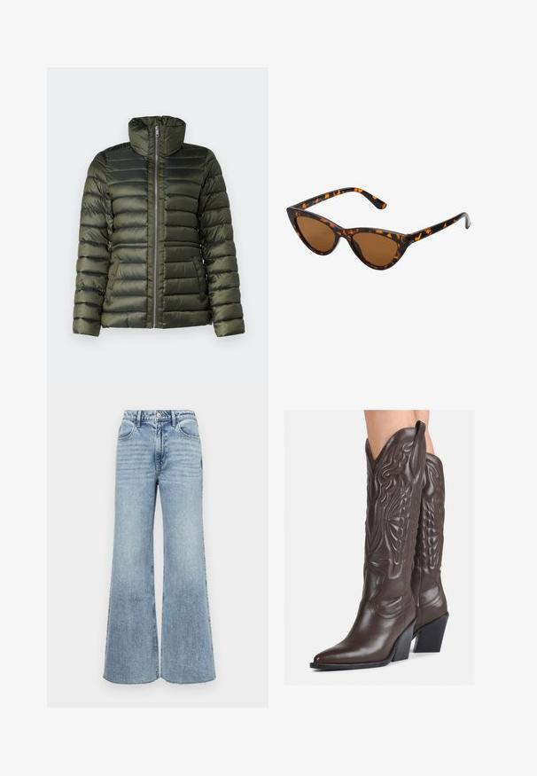 Φουσκωτό μπουφάν σε σκούρο πράσινο χρώμα, με οριζόντιες ραμμένες ζώνες, ψηλό γιακά, πλήρη μπροστινό φερμουάρ και πλαϊνές τσέπες με λεία υφή.; Καφέ πλεκτό πουλόβερ με ψηλό ριμπ κολάρο, φαρδιές μανσέτες και μαλακή υφή. Έχει άνετη εφαρμογή και ριμπ λεπτομέρειες στις μανσέτες.; Ανοιχτό μπλε τζιν παντελόνι με καμπάνα, ψηλή μέση, πεντάτσεπη σχεδίαση και διακριτική φθορά. Περιλαμβάνει κλείσιμο με κουμπί και φερμουάρ.; Καφέ δερμάτινες καουμπόικες μπότες με μυτερή μύτη και τετράγωνη σόλα, με λεπτομερή ραφή και ανυψωμένα στοιχεία στον κορμό.; Γυαλιά ηλίου τύπου cat-eye με μαύρο και πορτοκαλί καβούκι, καφέ φακούς και κομψές, μυτερές άκρες. Φέρουν ένα μίνιμο λογότυπο στο βραχίονα.