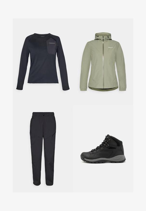 Giacca impermeabile verde chiaro con chiusura a zip, cappuccio regolabile, polsini elasticizzati e orlo leggermente curvo. Presenta un logo sul petto.; Camicia tecnica a maniche lunghe di un blu navy scuro, con un corpo testurizzato, tasca in tessuto a contrasto e logo Peak Performance sul petto.; Pantaloni cargo neri con vita elasticizzata, molteplici tasche con zip e cuciture a pannelli per una maggiore texture e design.; Stivale da trekking nero con design a metà altezza, dotato di una tomaia texturizzata, accenti grigi e suola in gomma resistente con tasselli per la trazione.