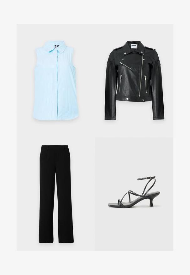 Juodasis odinis motociklininkų švarkas su trumpa iškirpte, sidabro spalvos užtrauktukais, užsegimais mygtukais ir pečių epauletais. Yra tekstūruotas paviršius.; Šviesiai mėlyna be rankovių marškinėlių su apykakle, vertikaliomis baltomis juostelėmis ir vienu mygtuko uždarymu priekyje.; Juodos plačios kojų kelnės, pagamintos iš lygaus audinio, su tiesiu priekiu, dviem šoniniais kišenėmis ir pritaikytu liemeniu, kuris suteikia elegantišką išvaizdą.; Juodos aukštakulnės šlepetės su plonomis dirželiais, atvira nosimi ir mažomis platėjančiomis kulno dalimis. Medžiaga atrodo lygi ir blizgi.