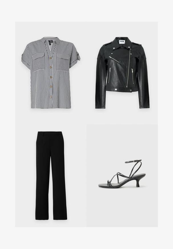 Fekete bőr motoros dzseki rövidített fazonnal, ezüst cipzárakkal, snap zárakkal és vállpárnákkal. Jellemzője a texturált felület.; Sötétkék és fehér csíkos, rövid ujjú blúz, két elülső zsebbel, gombos elejével és laza szabásával. Aranyszínű gombokkal díszítve.; Fekete, bő szárú nadrág sima anyagból, lapos elülső résszel, két oldalsó zsebbel és elegáns derékpánttal a kifinomult megjelenés érdekében.; Fekete magassarkú szandál vékony pántokkal, nyitott orrú kialakítással és kis, halkón borított sarokkal. Az anyag simának és fényesnek tűnik.