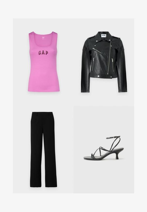 Black leather motorcycle jacket with a cropped design, silver zippers, snap closures, and shoulder epaulets. Features a textured finish.; GAP TANK - Top - budding lilac; Black wide-leg trousers made from smooth fabric, featuring a flat front, two side pockets, and a tailored waistband for a refined look.; Black heeled sandals with thin straps, open toe design, and a small, flared heel. The material appears smooth and glossy.