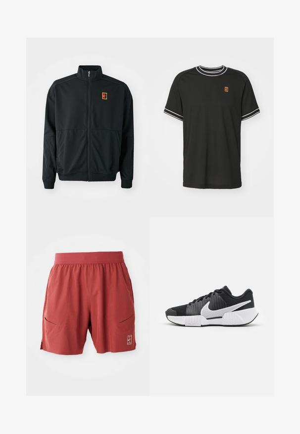 Chaqueta negra con cremallera y cuello alto. Confeccionada en tejido liso y ligero, presenta un pequeño logo multicolor en el pecho.; Camiseta negra de manga corta hecha de tejido de malla, con ribetes blancos en el cuello y las mangas, y un pequeño logotipo amarillo y rojo en el pecho.; Bermudas deportivas rojas con cinturilla elástica, dos bolsillos laterales y un pequeño logotipo en la parte inferior derecha. Textura suave, con una longitud a mitad del muslo.; Zapatillas deportivas negras con parte superior texturizada, logo de swoosh blanco, talón acolchado y suela blanca contrastante con un patrón en zigzag.