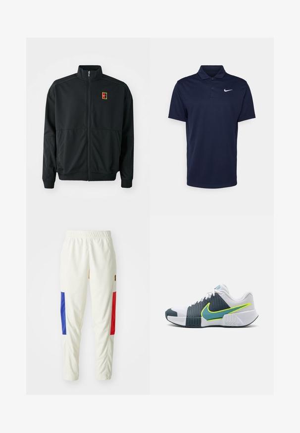 Crna jakna na zip s visokim ovratnikom. Izrađena od glatkog, laganog materijala, s malim višebojnim logotipom na prsima.; Polo majica tamnoplave boje od glatkog materijala, s tri dugmeta, kratkim rukavima i malim bijelim Nike logom na prsima.; Bijele atletske hlače s rastezljivim pojasom, s plavim i crvenim bočnim panelima. Glatka tekstura, uski kroj i bez vidljivih kopčanja.; Nike atletska cipela s bijelim i mornarsko plavim gornjim dijelom s teksturiranim naglascima, neonsko zelenim swoosh natpisom i uzorkovanom potplatom za prianjanje.