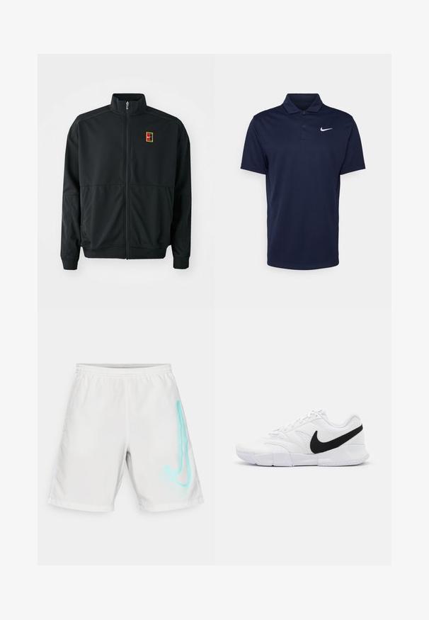 Mustaan zip-up-takki korkealla kauluksella. Valmistettu sileästä, kevyestä kankaasta, jossa on pieni monivärinen logo rinnassa.; Sini polo paita, joka on valmistettu sileästä kankaasta, jossa on kolmipainikkeinen kaulus, lyhyet hihat ja pieni valkoinen Nike-logo rinnassa.; Valkoiset uimapuvut, jotka on valmistettu sileästä kankaasta. Niissä on sinisen sävyinen logo oikealla puolella ja joustava vyötärö.; Valkoiset urheilukengät, joissa on teksturoitu päällinen, musta Nike-logo, pehmustettu nilkkasauma ja tiivis kumipohja, jossa on kuvioitu kuvio.