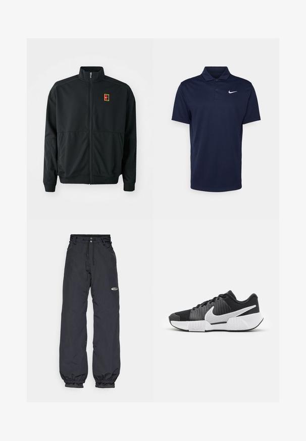 Melnā jaka ar rāvējslēdzēju un augstu apkakli. Izgatavota no gludas, vieglas auduma, ar mazu daudzkrāsainu logo uz krūšu daļas.; Tumši zils polo krekls, izgatavots no gludas auduma, ar trīs pogām, īsām piedurknēm un mazu baltu Nike logo uz krūtīm.; Melnas ūdensizturīgas bikses ar regulējamu jostasvietu, elastīgām piedurknēm un mazu logo uz augšstilba; viegls audums.; Melnas sporta kurpes ar teksturētu augšdaļu, baltu swoosh logotipu, polsterētu papēdi un kontrastējošu baltu zoli ar zigzaga rakstu.