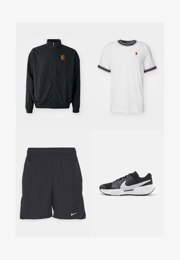 Veste noire zippée avec un col haut. Fabriquée en tissu léger et lisse, elle présente un petit logo multicolore sur la poitrine.; T-shirt blanc à manches courtes avec col et poignets rayés noirs. Affiche un petit logo coloré sur la poitrine. Fabriqué en tissu en maille.; Shorts de sport noirs en tissu léger, avec une taille élastique et un petit logo Nike blanc sur le coin inférieur gauche.; Chaussures de sport noires avec une tige texturée, logo swoosh blanc, talon rembourré, et une semelle blanche contrastante avec un motif en zigzag.