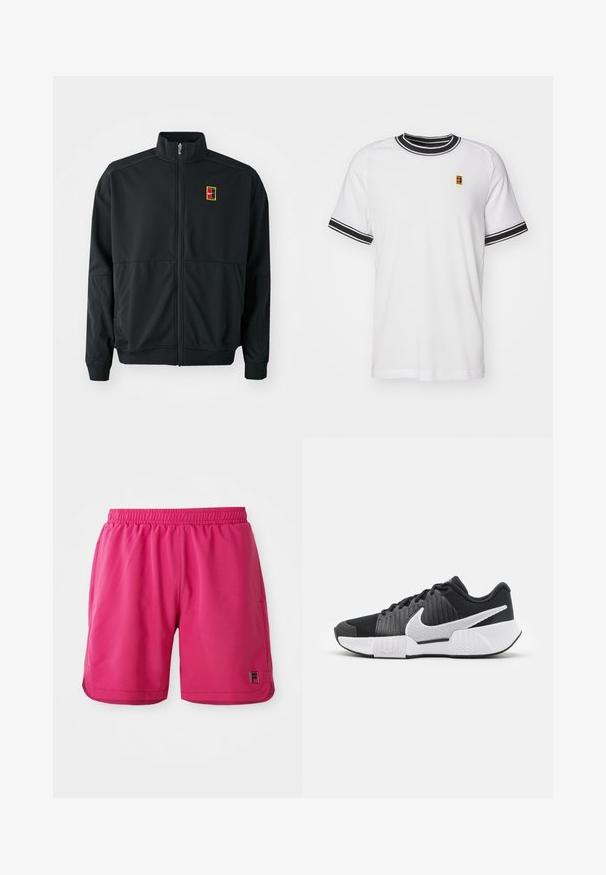 Chaqueta negra con cremallera y cuello alto. Confeccionada en tejido liso y ligero, presenta un pequeño logo multicolor en el pecho.; Camiseta blanca de manga corta con cuello y puños a rayas negras. Presenta un pequeño logo colorido en el pecho. Fabricada en tejido de malla.; Pantalones cortos deportivos de color rosa brillante con cintura elástica y pequeño logo de la marca en la parte inferior de la pierna izquierda sobre un fondo blanco.; Zapatillas deportivas negras con parte superior texturizada, logo de swoosh blanco, talón acolchado y suela blanca contrastante con un patrón en zigzag.