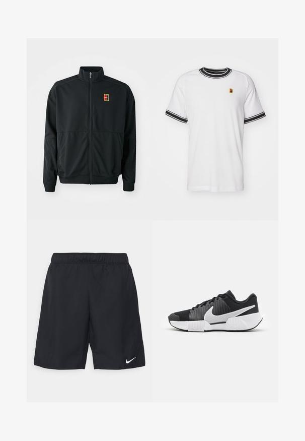 Mustakas zip-up jakk, kõrge kraega. Valmistatud siledast, kergest kangast, rinnal on väike mitmevärviline logo.; Valge lühikeste varrukatega T-särk musta triibuga kaela ja varrukaotsadega. Seljal on väike, värviline logo rinnal. Valmistatud võrgukangast.; Mustadel mustad spordipükstest elastse vöökohtaga. Valmistatud kergest materjalist, millel on valge Nike logo paremal alakul.; Mustad mustossid, millel on tekstureeritud ülemine osa, valge swoosh-logo, pehmendatud kand ja kontrastne valge uus, millel on siksakmuster.