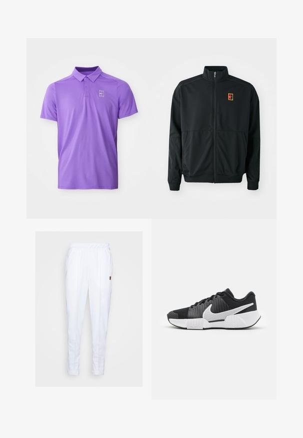 Chaqueta negra con cremallera y cuello alto. Confeccionada en tejido liso y ligero, presenta un pequeño logo multicolor en el pecho.; Camisa polo corta de manga en color púrpura con collar y tapeta de dos botones, que presenta un logo de tenis de Nike en blanco en el lado izquierdo del pecho.; Pantalones deportivos blancos con cintura elástica, que cuentan con bolsillos laterales y detalles de costura sutiles a lo largo de las piernas.; Zapatillas deportivas negras con parte superior texturizada, logo de swoosh blanco, talón acolchado y suela blanca contrastante con un patrón en zigzag.