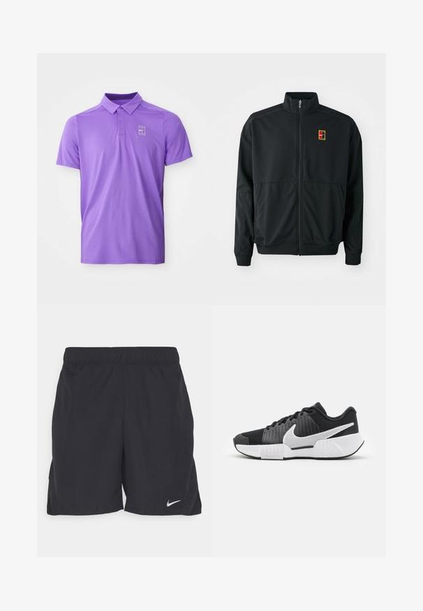 Čierna zipová bunda s vysokým golierom. Vyrobená z hladkej, ľahkej látky, s malým viacfarebným logom na hrudi.; Fialová polo tričko s krátkym rukávom a golierom, ktorého súčasťou je dvojité zapínanie na gombíky, s bielym tenisovým logom Nike na ľavej hrudi.; Čierne atletické šortky vyrobené z ľahkej tkaniny, s elastickým pásom a malým bielym logom Nike na dolnej ľavej strane.; Čierne športové tenisky s textúrovaným zvrškom, bielym logom Swoosh, polstrovanou pätou a kontrastnou bielou podrážkou s cik-cak vzorom.