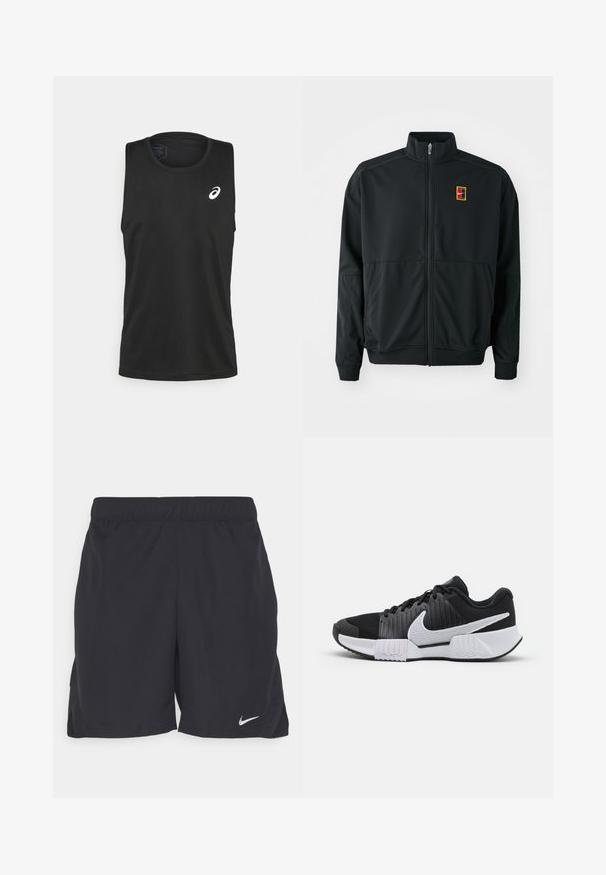 Veste noire zippée avec un col haut. Fabriquée en tissu léger et lisse, elle présente un petit logo multicolore sur la poitrine.; ASICS CORE SINGLET - Débardeur - performance black; Shorts de sport noirs en tissu léger, avec une taille élastique et un petit logo Nike blanc sur le coin inférieur gauche.; Baskets de sport noir et blanc avec une tige texturée, un talon renforcé et un logo swoosh bien visible. Semelle plate avec un motif de traction.