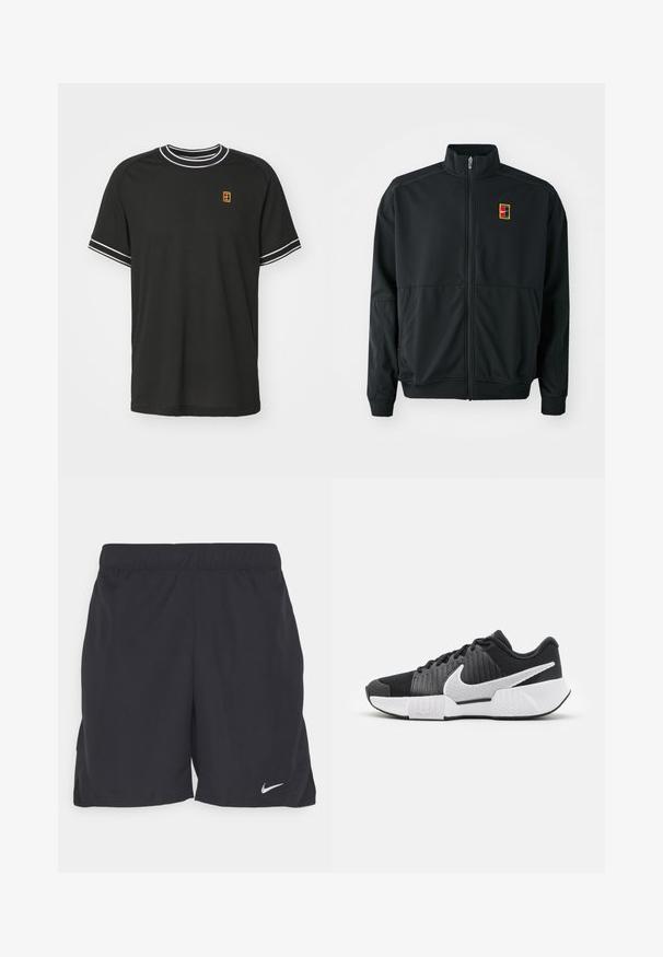 Mustaan zip-up-takki korkealla kauluksella. Valmistettu sileästä, kevyestä kankaasta, jossa on pieni monivärinen logo rinnassa.; Mustavalka lyhythihainen t-paita, joka on valmistettu verkkomateriaalista. Paidan kauluksessa ja hihoissa on valkoiset reunat, ja rintakarheessa on pieni keltainen ja punainen logo.; Mustat urheilushortsit, jotka on valmistettu kevyestä kankaasta. Niissä on joustava vyötärönauha ja pieni valkoinen Nike-logo vasemmassa alareunassa.; Mustat urheilukengät, joissa on tekstuuri päällä, valkoinen swoosh-logo, pehmustettu kanta ja kontrastivalkoinen pohja, jossa on sahalaitakuviota.