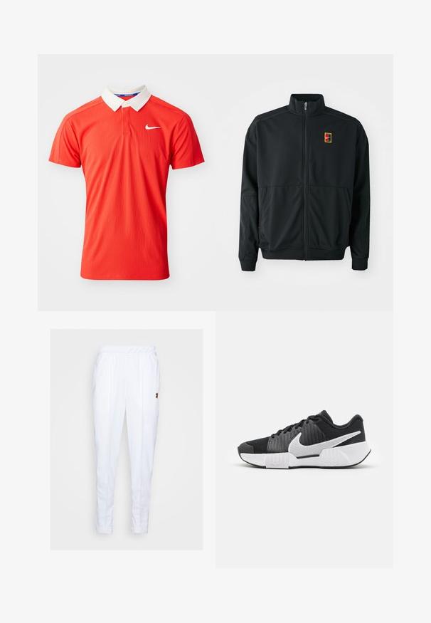 Chaqueta negra con cremallera y cuello alto. Confeccionada en tejido liso y ligero, presenta un pequeño logo multicolor en el pecho.; Camisa polo de poliéster roja con un cuello blanco, que presenta una abertura de botones y un pequeño logotipo de Nike blanco en el pecho. Textura lisa.; Pantalones deportivos blancos con cintura elástica, que cuentan con bolsillos laterales y detalles de costura sutiles a lo largo de las piernas.; Zapatillas deportivas negras con parte superior texturizada, logo de swoosh blanco, talón acolchado y suela blanca contrastante con un patrón en zigzag.