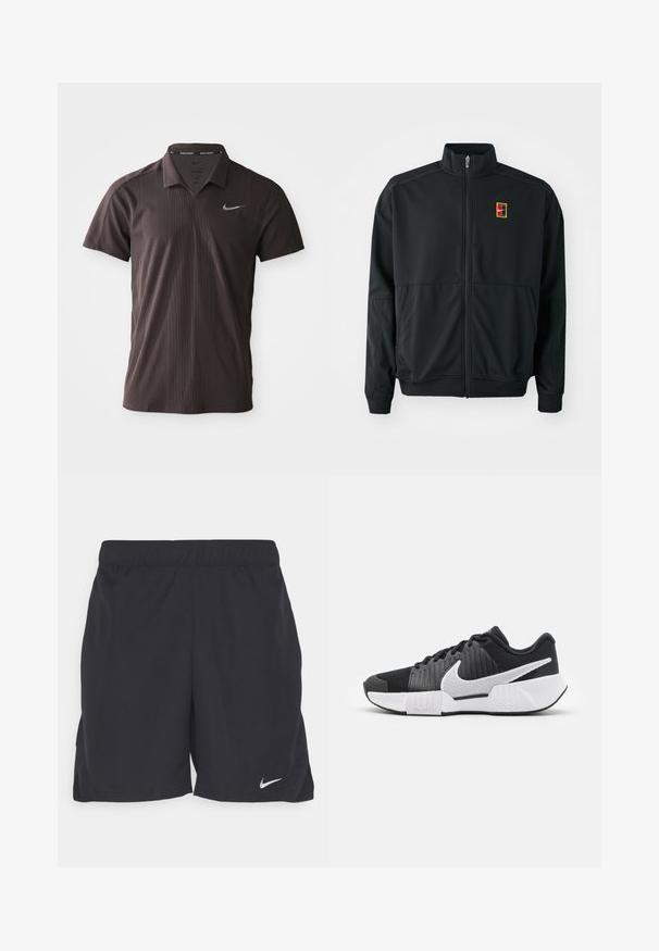Black zip-up jacket with a high collar. Made of smooth, lightweight fabric, featuring a small multi-colored logo on the chest.; Dark brown polo shirt made of textured fabric, featuring a three-button placket and Nike Swoosh logo on the left chest.; Black athletic shorts made of lightweight fabric, featuring an elastic waistband and a small white Nike logo on the lower left side.; Black athletic shoes with a textured upper, white swoosh logo, padded heel, and a contrasting white sole featuring a zigzag pattern.
