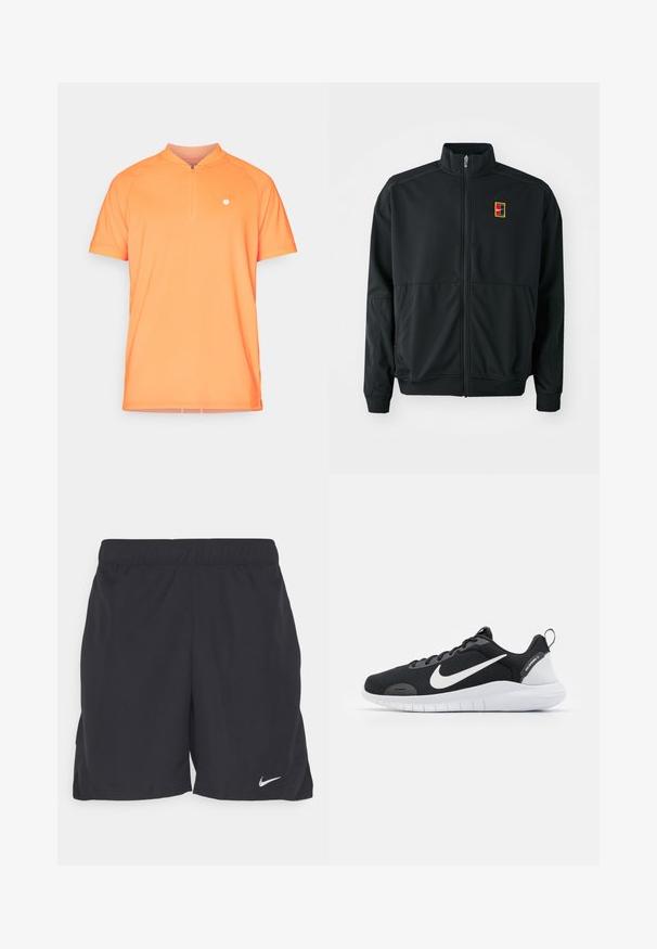 Sort zip-up jakke med høj krave. Fremstillet af glat, letvægtsstof og med et lille flerfarvet logo på brystet.; Korte ærmer, orange polo shirt med opretstående krave og halv lynlås foran. Har et lille hvidt logo på venstre bryst. Glat tekstur.; Sorte atletiske shorts lavet af letvægtsstof, med elastisk talje og et lille hvidt Nike-logo nederst til venstre.; Sort atletiksko med mesh-overdel, hvidt Nike-swoosh-logo, teksturerede detaljer og hvid gummisål. Har en trakktab ved hælen.