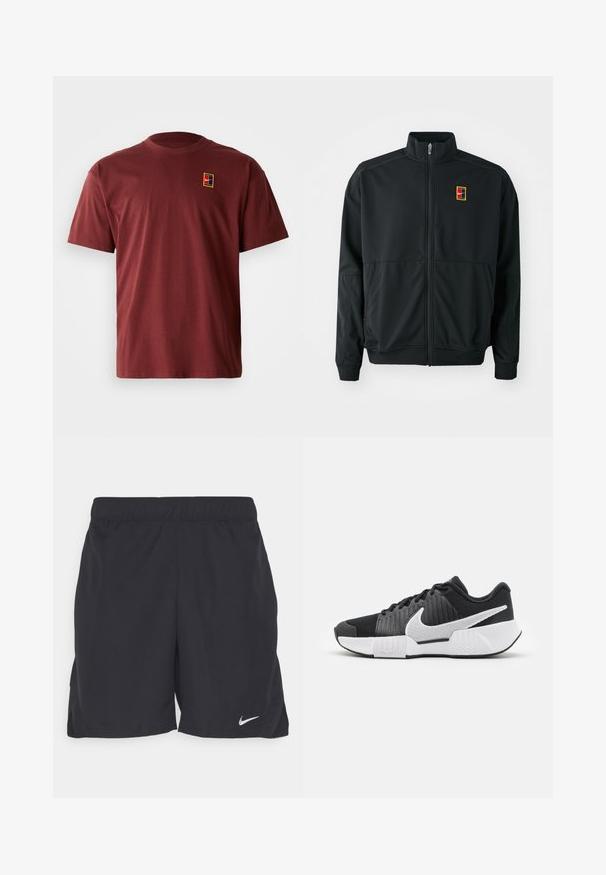 Fekete, cipzárral záródó dzseki magas gallérral. Simító, könnyű anyagból készült, amelyen egy kis, színes logó található a mellkason.; Burgundi színű pamut póló kerek nyakkal és rövid ujjakkal. A bal mellrészen egy kis, színes logó található.; Fekete atlétikai nadrág könnyű szövetből, elasztikus derékrésszel és egy kis fehér Nike logóval az alsó bal oldalon.; Fekete sportcipők textúrázott felsőrésszel, fehér Swoosh logóval, párnázott sarokkal és kontrasztos fehér talppal, amelyet zigzag minta díszít.