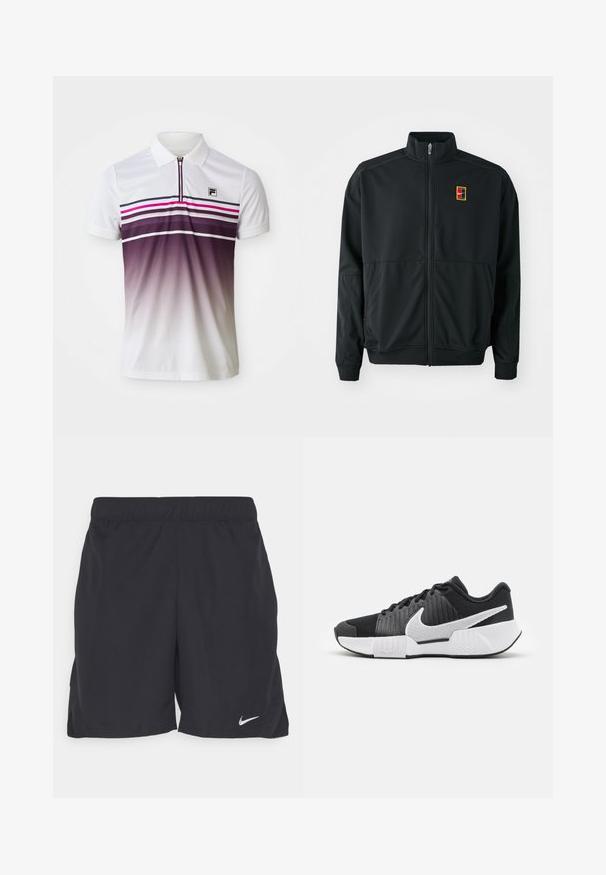 Čierna zipová bunda s vysokým golierom. Vyrobená z hladkej, ľahkej látky, s malým viacfarebným logom na hrudi.; Biela polokošeľa s uzatváracím golierom, horizontálne pruhy v čiernej, ružovej a fialovej farbe, a gradientový prechod z fialovej do bielej na spodnej časti.; Čierne atletické šortky vyrobené z ľahkej tkaniny, s elastickým pásom a malým bielym logom Nike na dolnej ľavej strane.; Čierne športové tenisky s textúrovaným zvrškom, bielym logom Swoosh, polstrovanou pätou a kontrastnou bielou podrážkou s cik-cak vzorom.