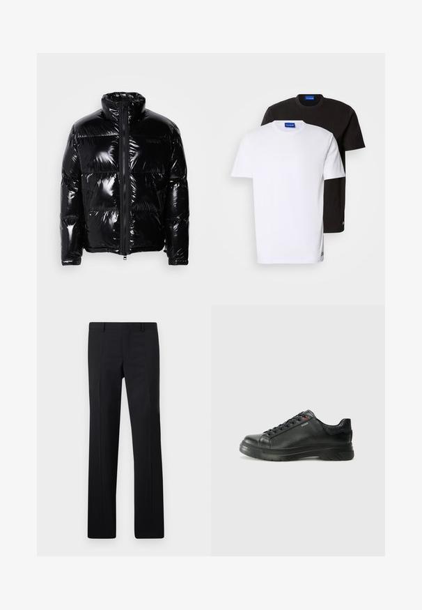Černá péřová bunda s lesklým povrchem, vysokým límcem, předním zipem a dvěma bočními zipovými kapsami. Obsahuje šité panely a logo.; Dvě trička naskládaná na sobě: jedno bílé a jedno černé. Krátké rukávy, kulaté výstřihy, bavlněná látka. Na výstřihu je malá modrá značka.; Černé šité kalhoty s rovnými nohavicemi, ostrými záhyby a hladkým povrchem. Vyrobené z lehkého materiálu s čistým páskem.; Černé kožené tenisky s texturovaným svrškem, polstrovaným límcem a červeným logem. Disponují tlustou gumovou podrážkou s výrazným vzorem.
