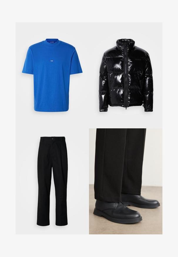 Czarna kurtka puchowa o błyszczącej powierzchni, z wysokim kołnierzem, zamek błyskawiczny z przodu oraz dwiema bocznymi kieszeniami na zamek. Posiada przeszywane panele i logo.; Niebieska bawełniana koszulka z krótkim rękawem, okrągłym dekoltem i małą naszywką z logo na piersi. Gładka struktura z luźnym krojem.; Czarne spodnie o prostych nogawkach z zapięciem na guziki w pasie, szlufkami na pasek i fałdą z przodu, prezentowane na jednolitym białym tle.; Czarne skórzane buty z zaokrąglonym noskiem, płaską podeszwą i minimalnymi detalami. W komplecie z dopasowanymi czarnymi spodniami, ukazującymi gładką fakturę.